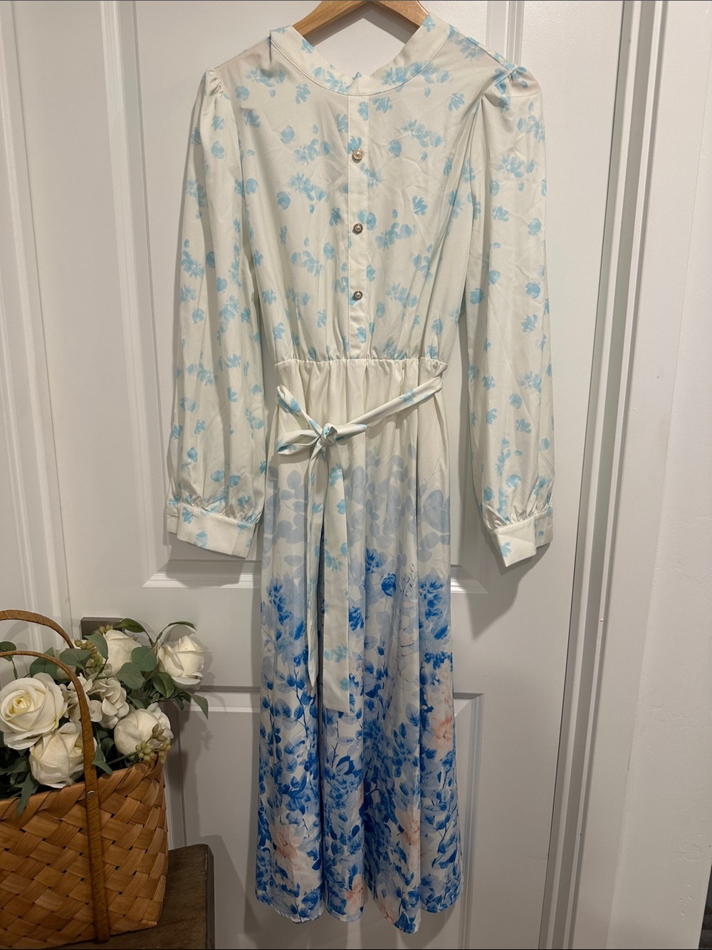 Cream and Blue Floral Midi Dress